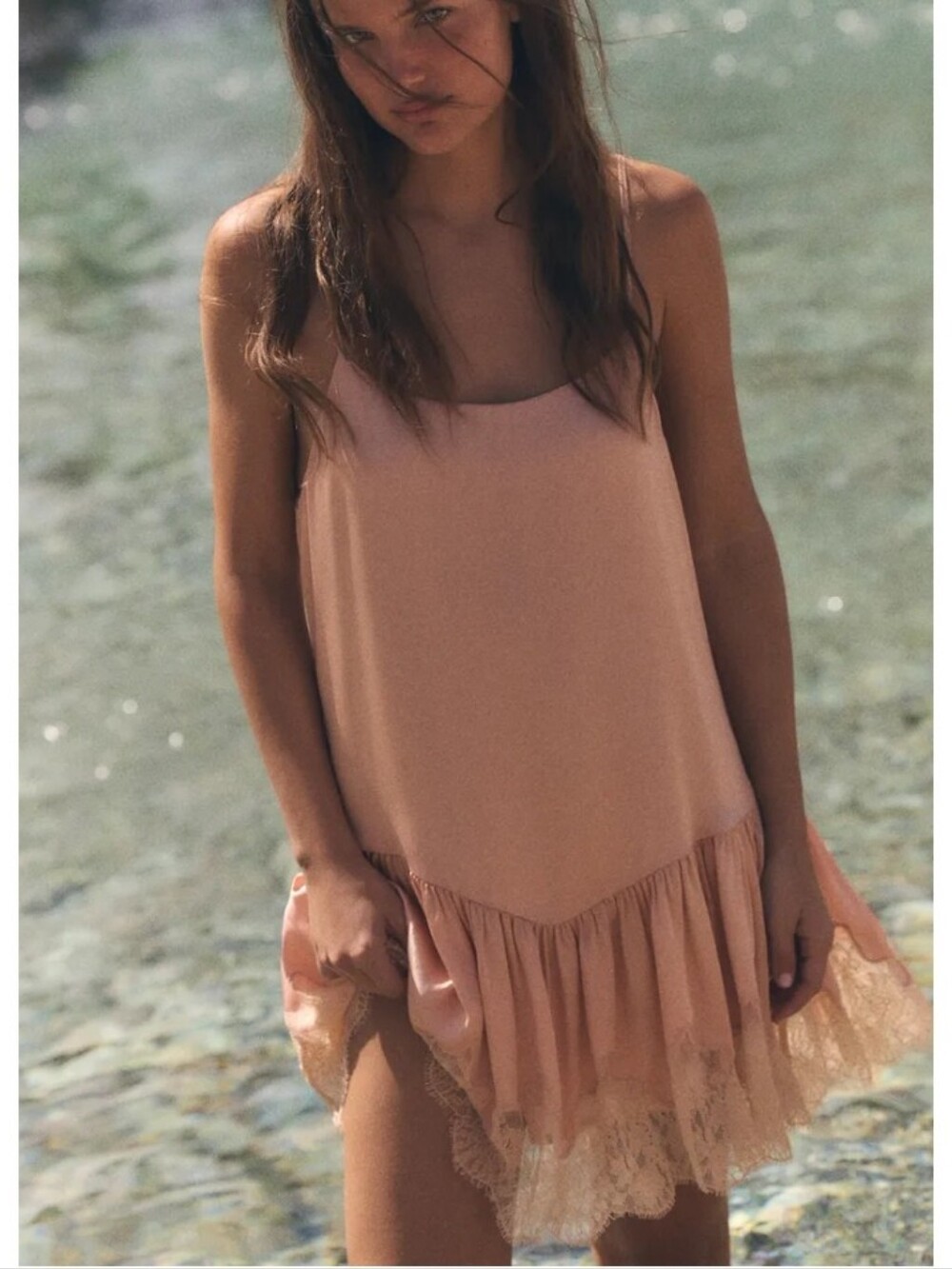 Zara Satin DustyPink Lace-Trim Feminine Babydoll Slip Dress Sz-L - Picture 2 of 9